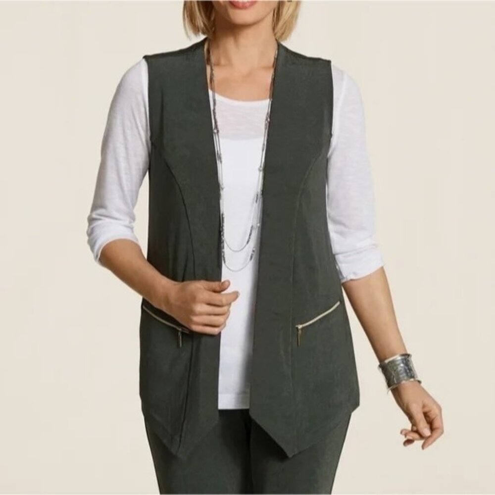 Travelers by Chico's Classic Ribbed Open Front Zipper Pockets Vest Olive Size 0